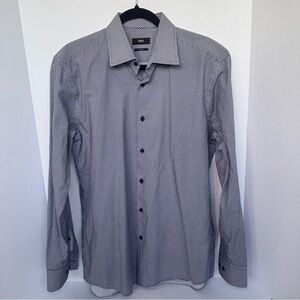 HUGO BOSS Men's Button Up Shirt Blue White Geometric Slim Fit Cotton 41/16